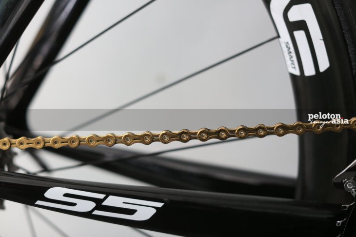 KMC, MTN-Qhubeka's chain sponsor adds a little gold bling to the understated black graphics of the bike.